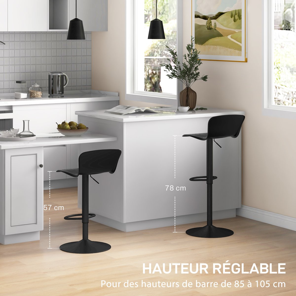 Tabouret de bar Polypropylène Noir noir, HOMCOM