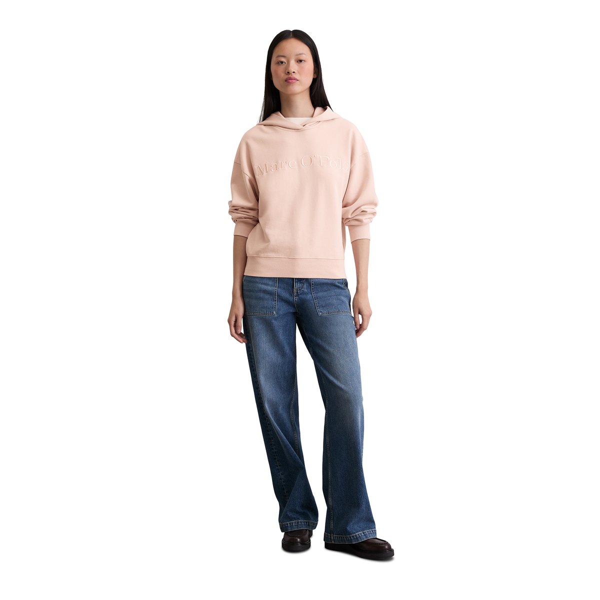 Sweatshirt à capuche avec logo relaxed en coton organique rose, MARC O'POLO