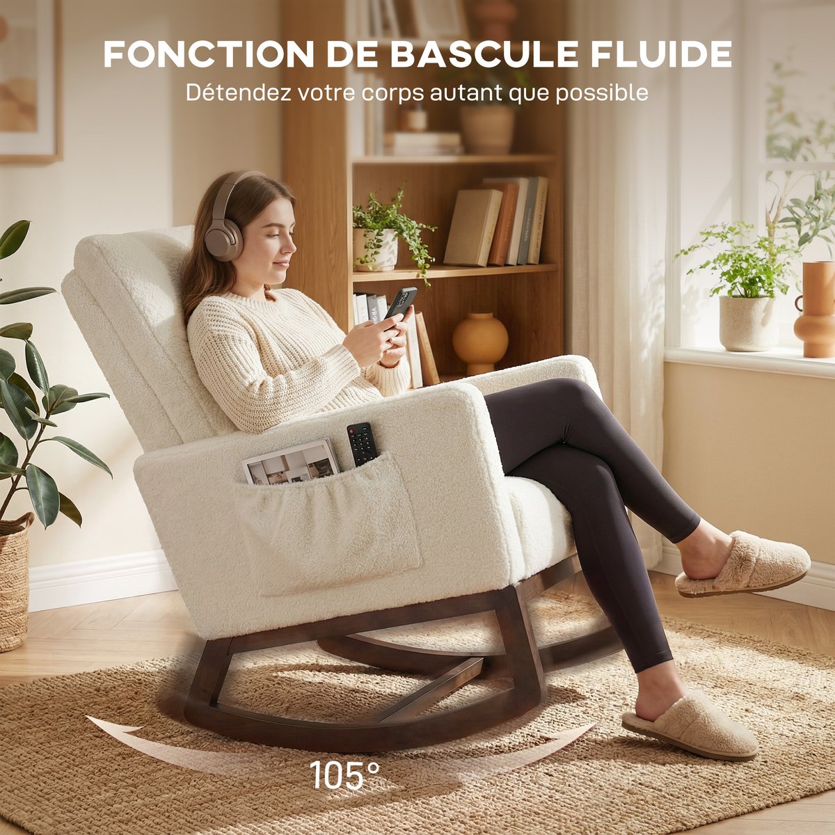 Fauteuil à bascule Flanelle Neige (100% crème, noyer, HOMCOM