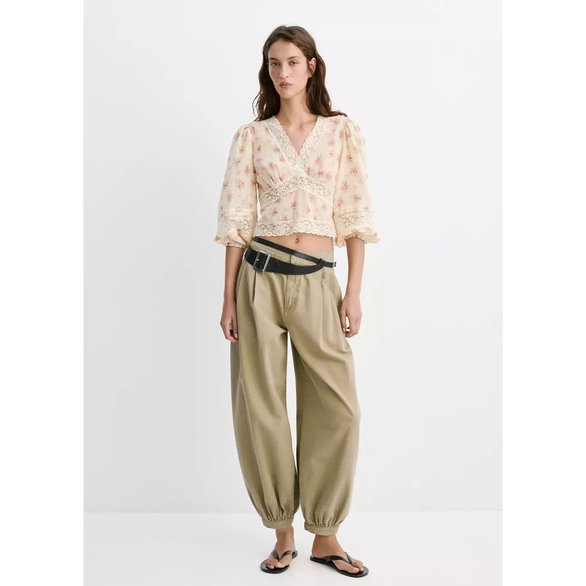 Blouse dentelle fleurie rose, MANGO
