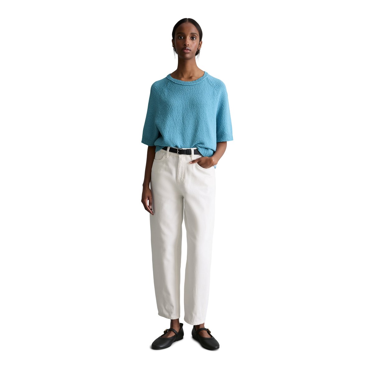 Pull à manches courtes regular en fil Cotton Slub bleu clair, MARC O’POLO DENIM
