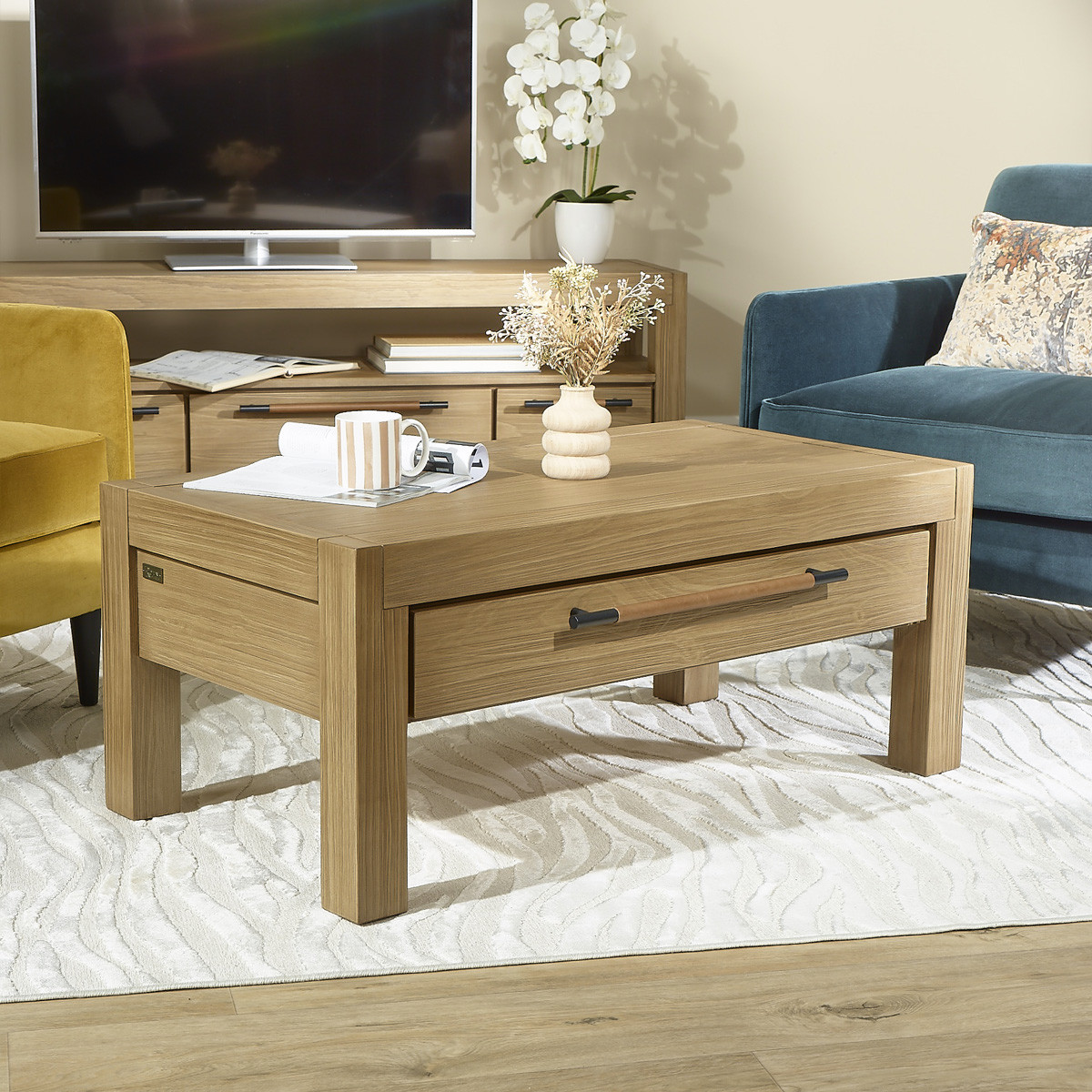 Table basse contemporaine en bois massif, 2 tiroirs MEGÈVE marron, ROBIN DES BOIS