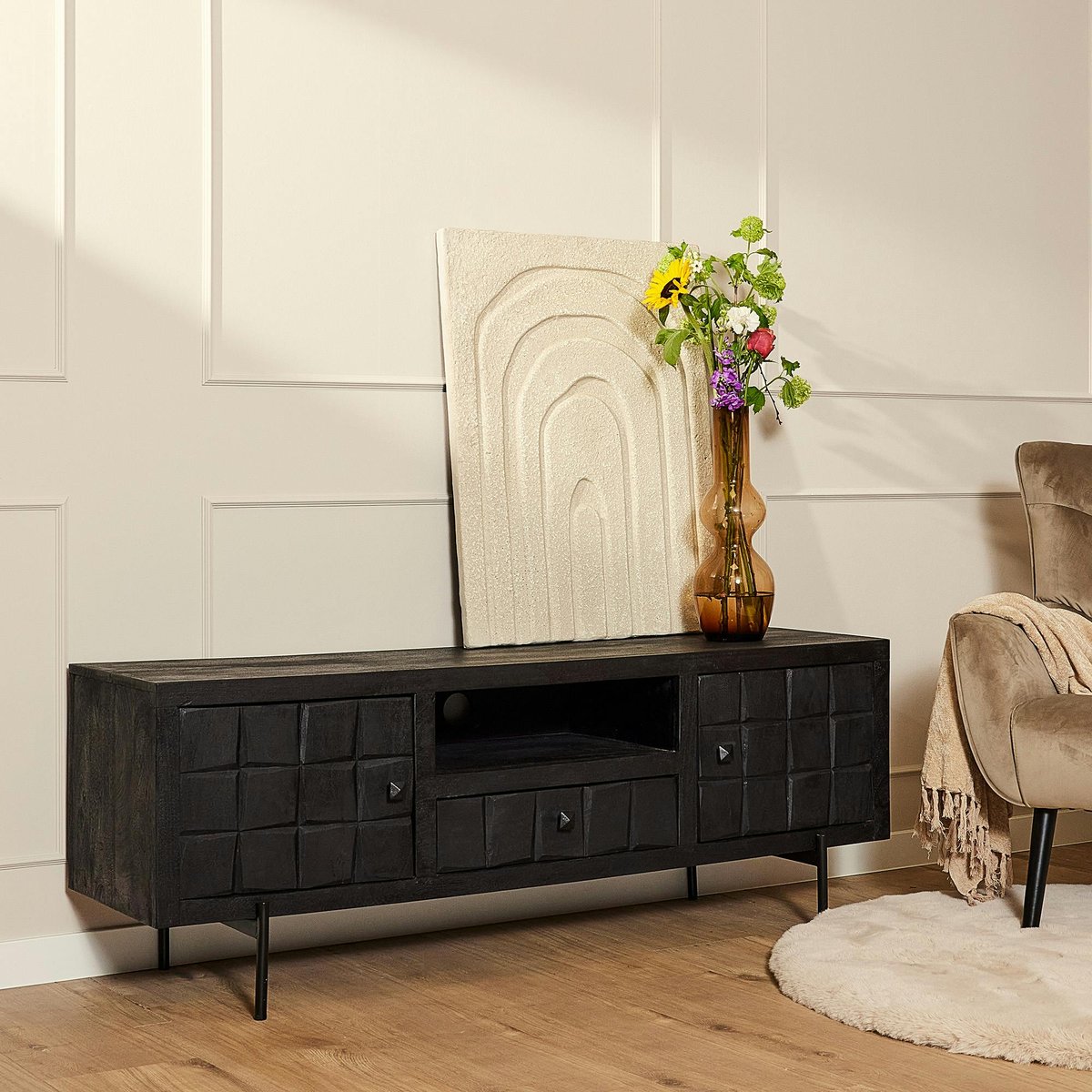 Meuble TV 180 cm en bois décor damier UDA noir, PIER IMPORT