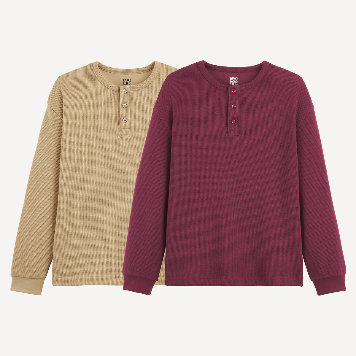 Lote de 2 camisetas de manga larga, nido de abeja beige + burdeos, LA REDOUTE COLLECTIONS