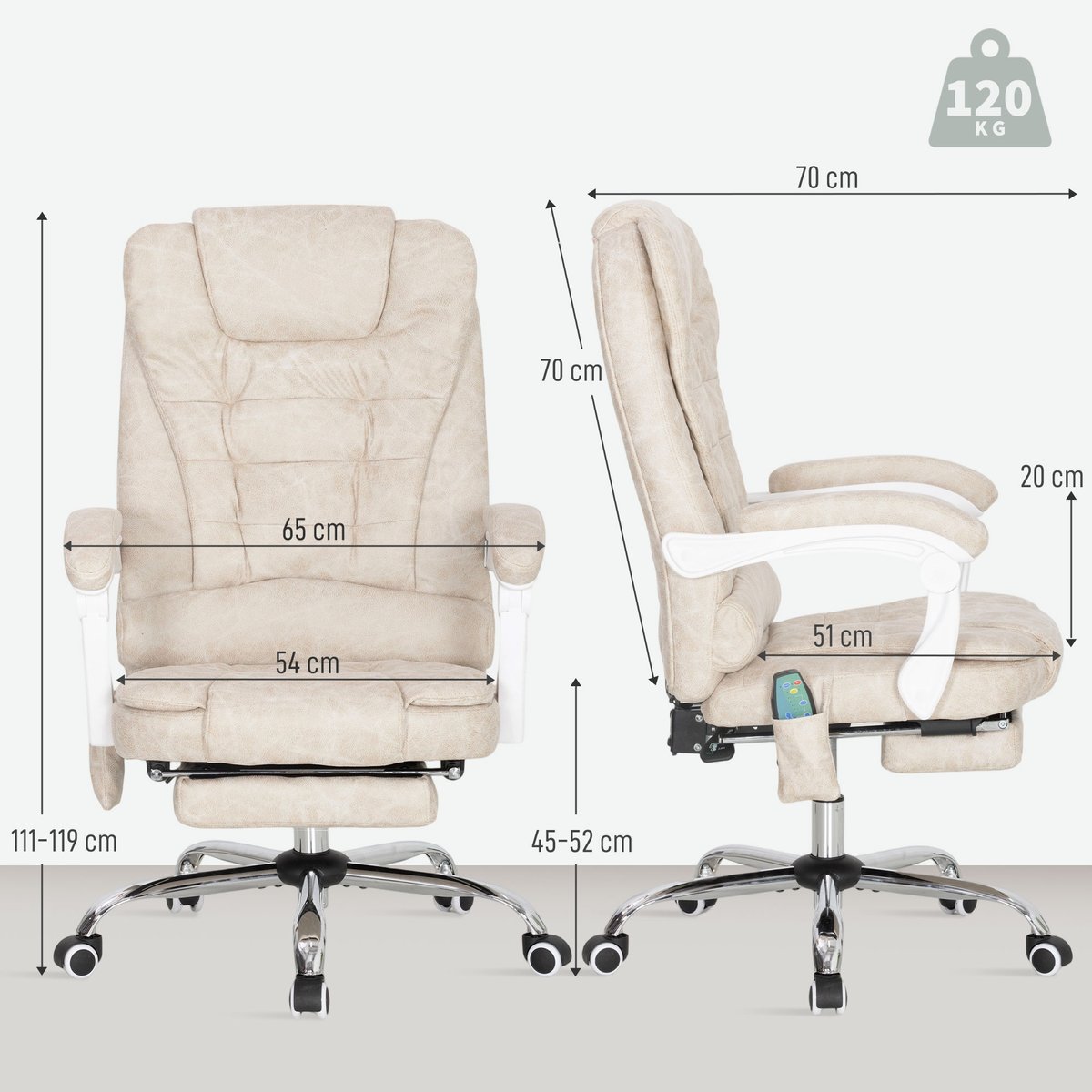 Fauteuil de bureau avec fonction massage crème, HOMCOM