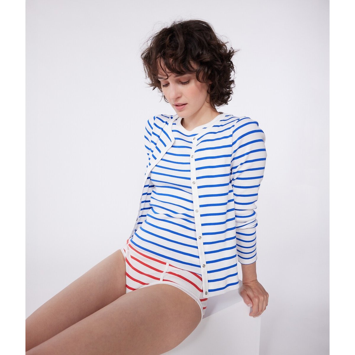 Cardigan à rayures blanc/bleu ciel, PETIT BATEAU