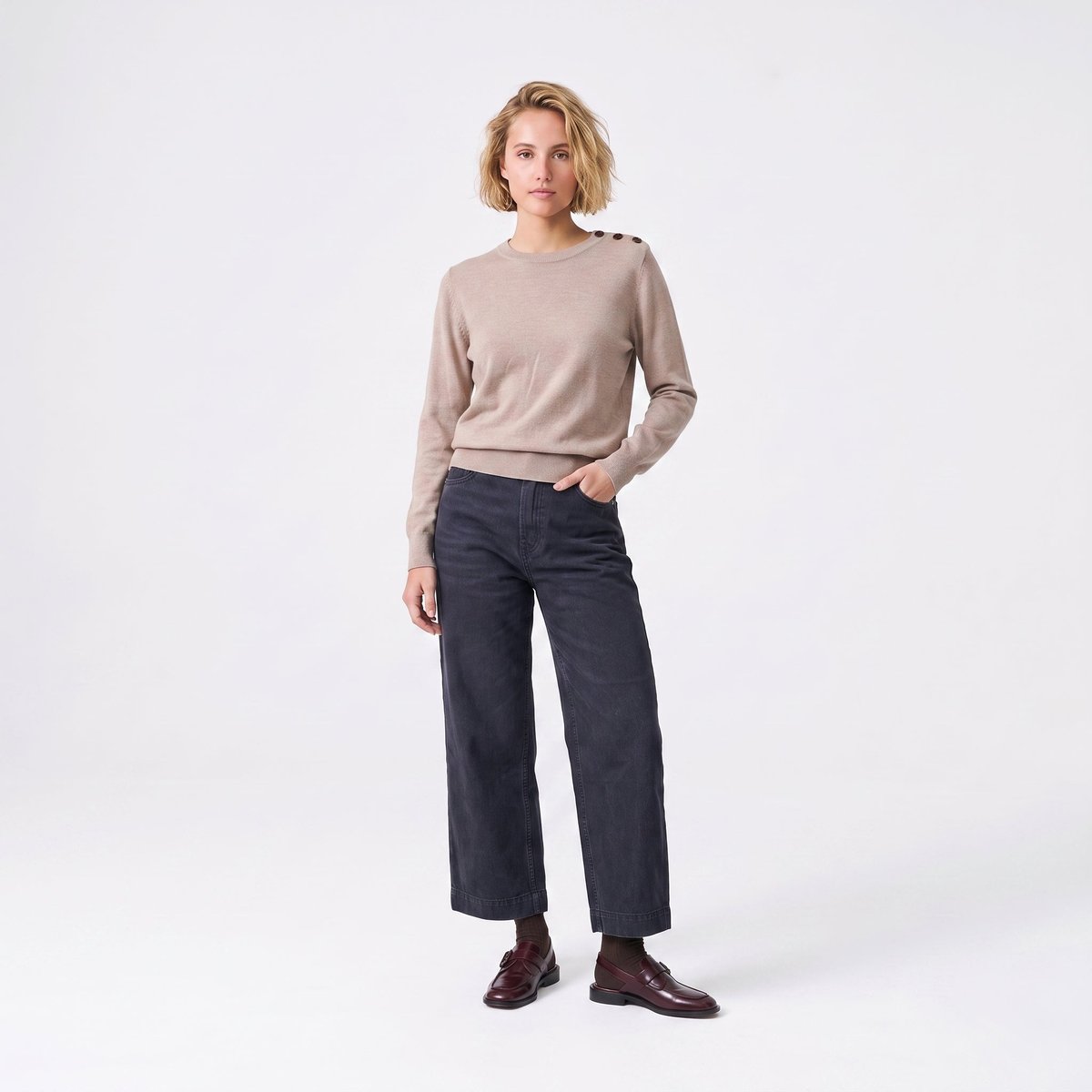 Pull femme en maille  à boutons épaule FLELIA beige, ARTLOVE
