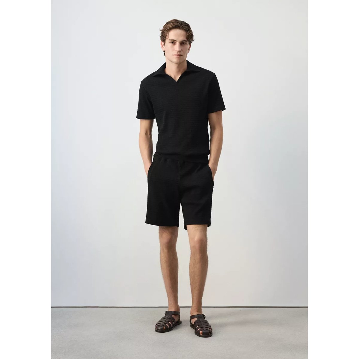 Bermuda 100 % coton texturé noir, MANGO MAN