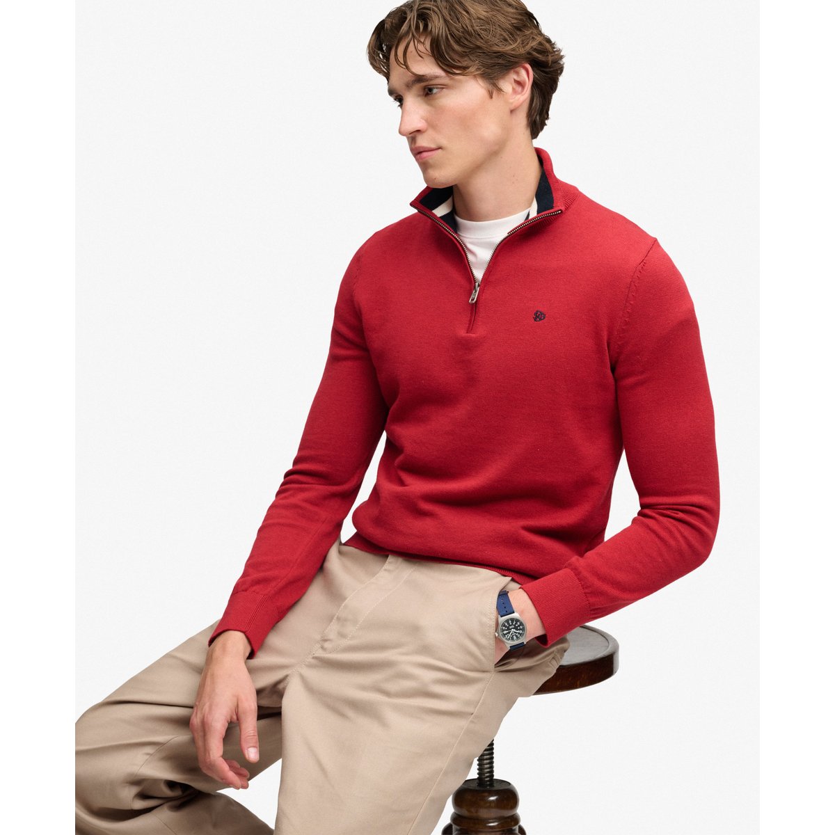 Pull à demi-zip en coton Preppy Essential rouge cramoisi chiné, SUPERDRY