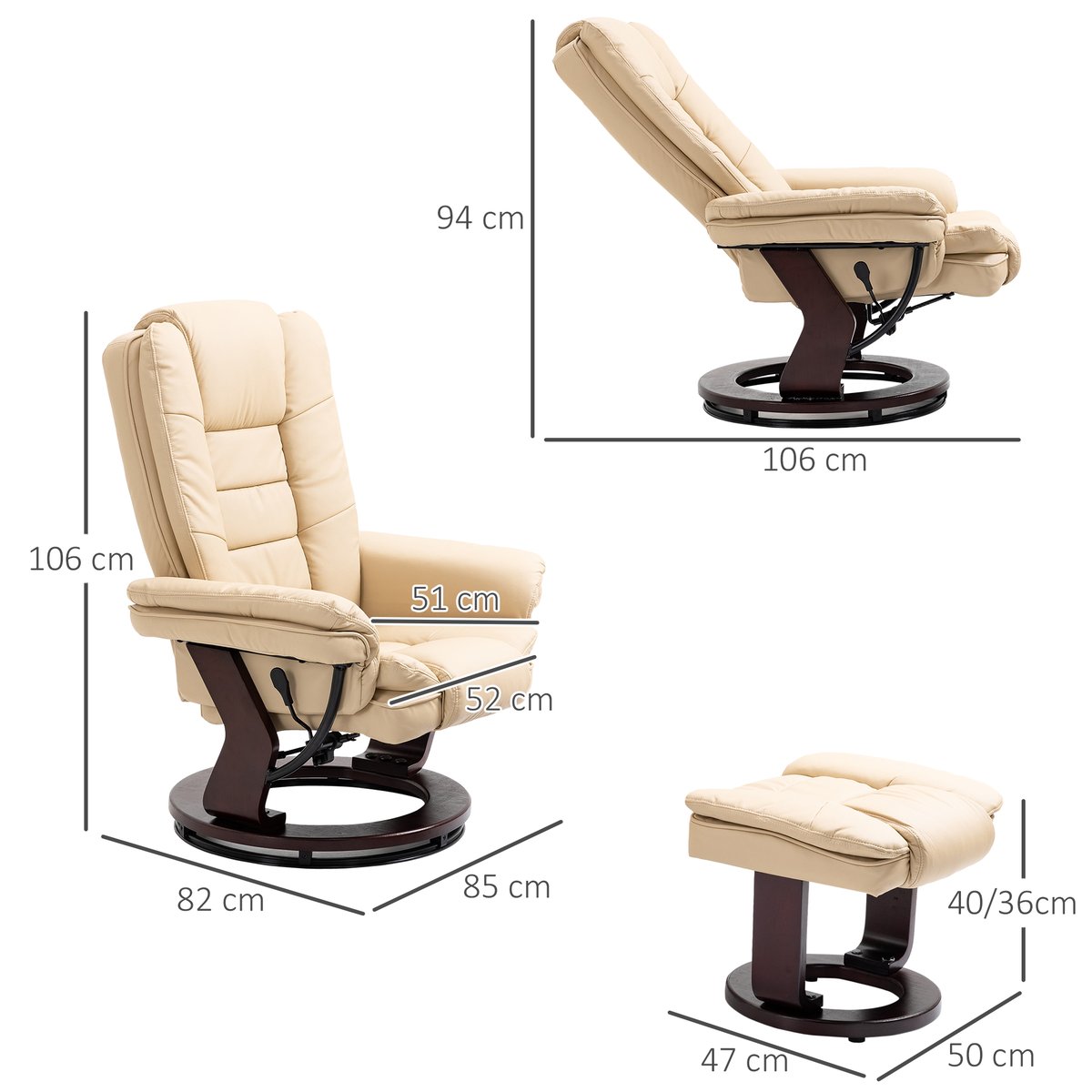 Fauteuil inclinable avec repose-pieds beige, HOMCOM