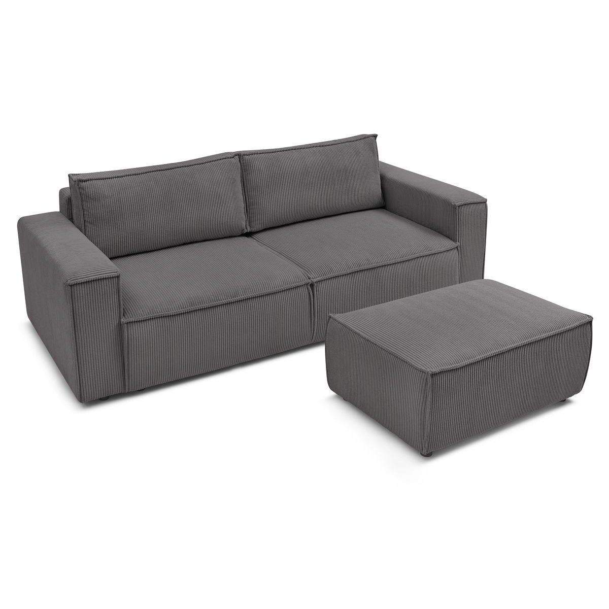 Canapé droit convertible 4 places en velours côtelé avec pouf, NIHAD gris foncé, BOBOCHIC