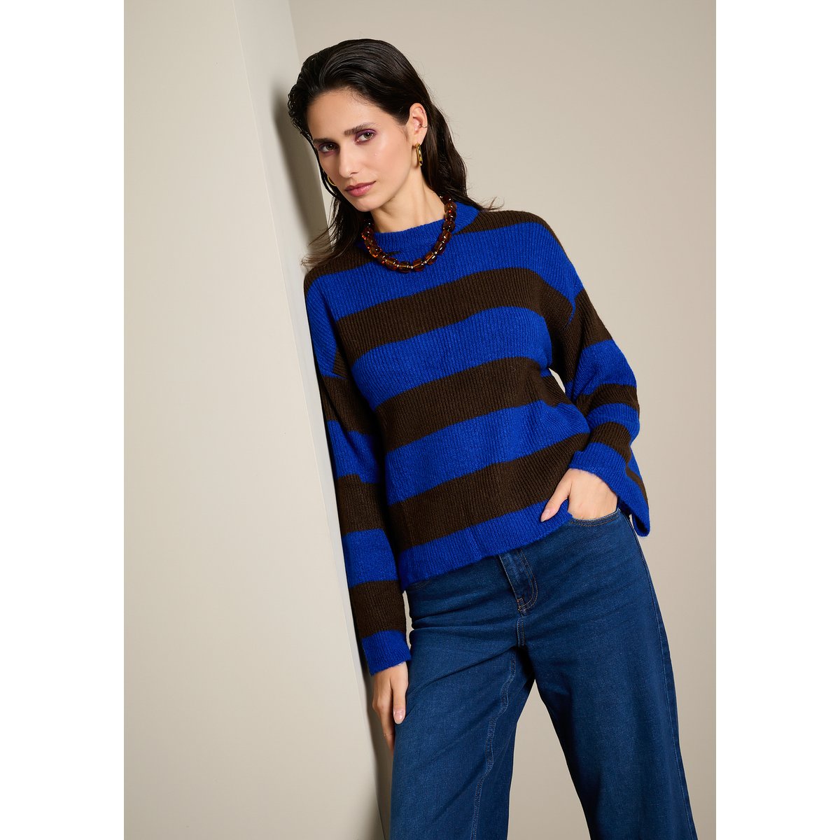 Pull côtelé à larges rayures bleu electrique, LOLALIZA