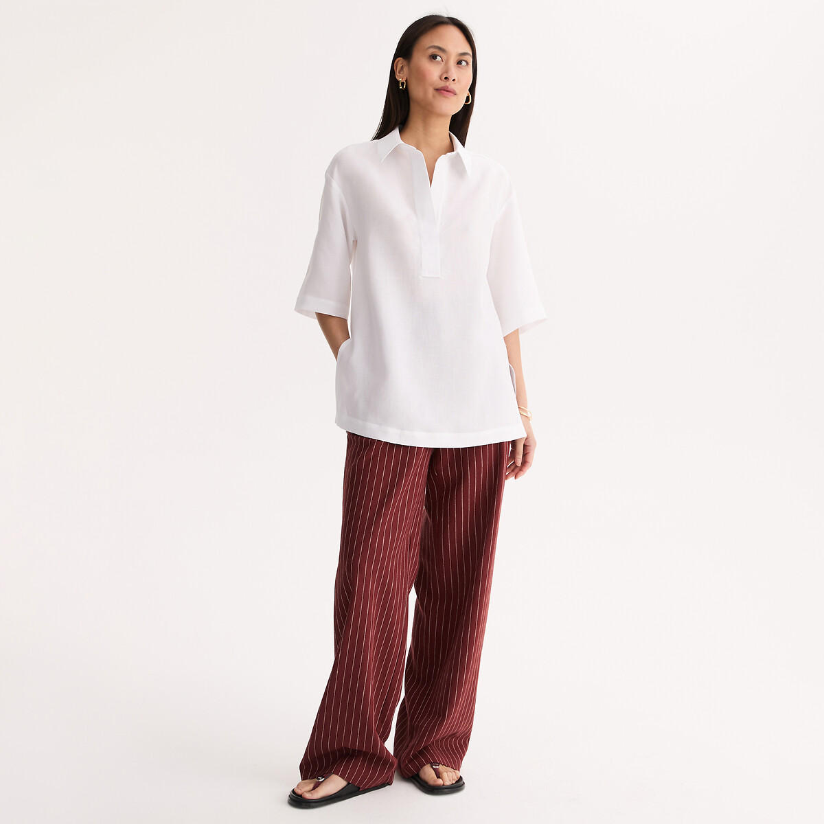 Blusa túnica de Lyocell y lino de manga 3/4 blanco, ANNE WEYBURN
