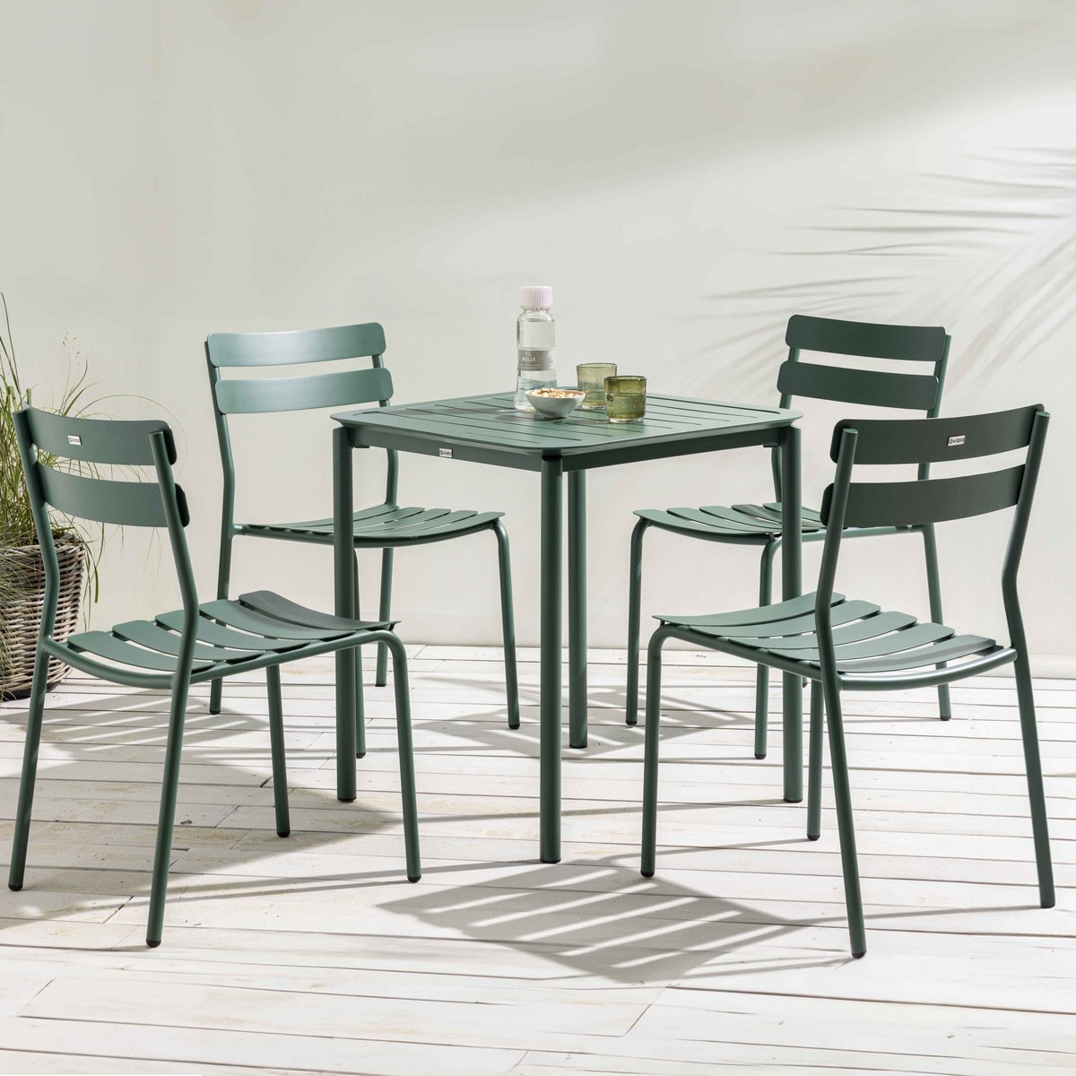 Table de terrasse 70cm et 4 chaises en aluminium, ALMADA vert foncé, OVIALA