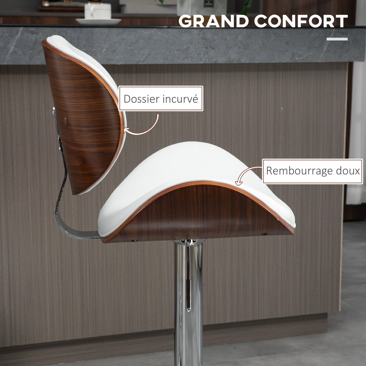 Tabouret de bar Revêtement synthétique Blanc blanc, noyer, argent, HOMCOM
