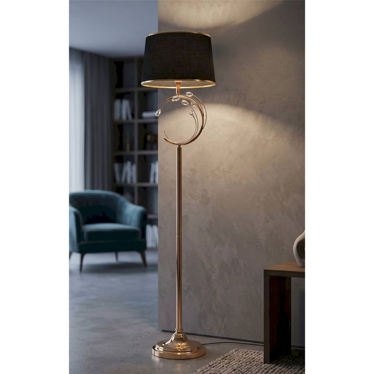 Lampadaire en fer décor floral abat-jour GLAM noir et doré, RECOLLECTION