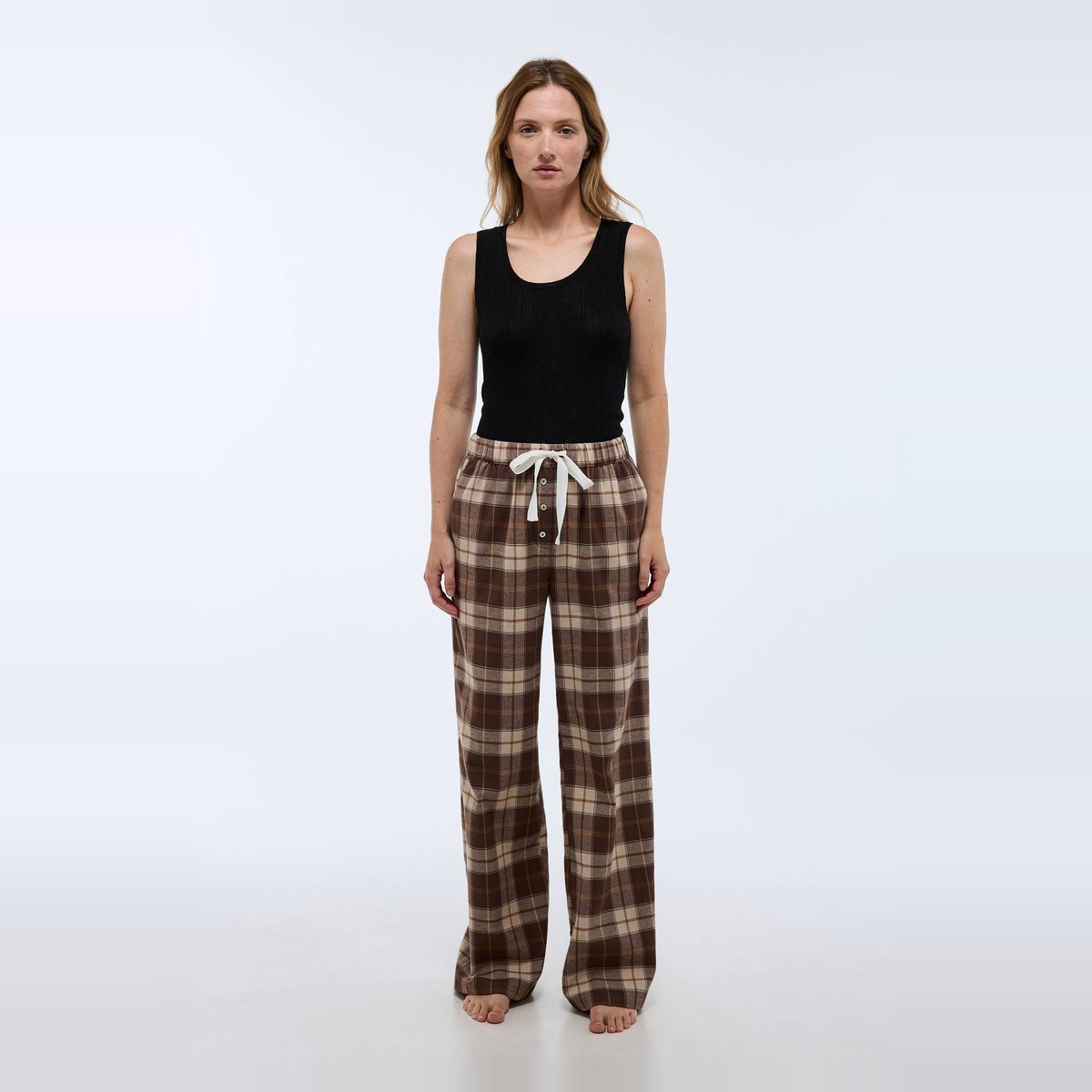 Pantalon à carreaux en coton gratté chataigne, MONOPRIX