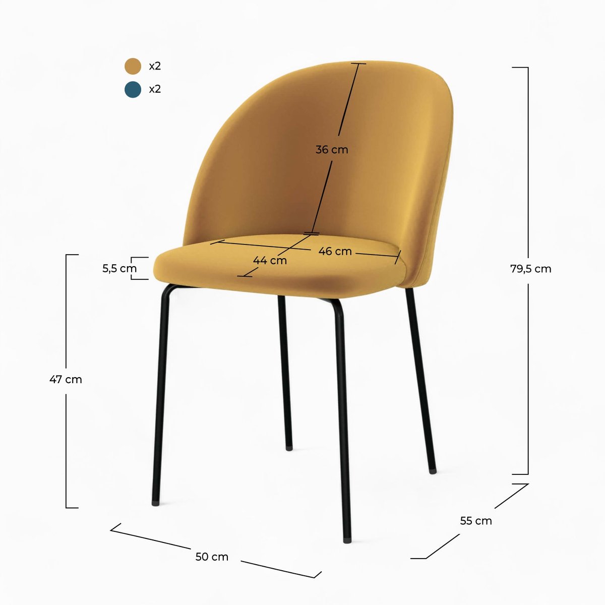 Pack 4 chaises en velours et - KARL jaune et bleu, MAISON PAVANE