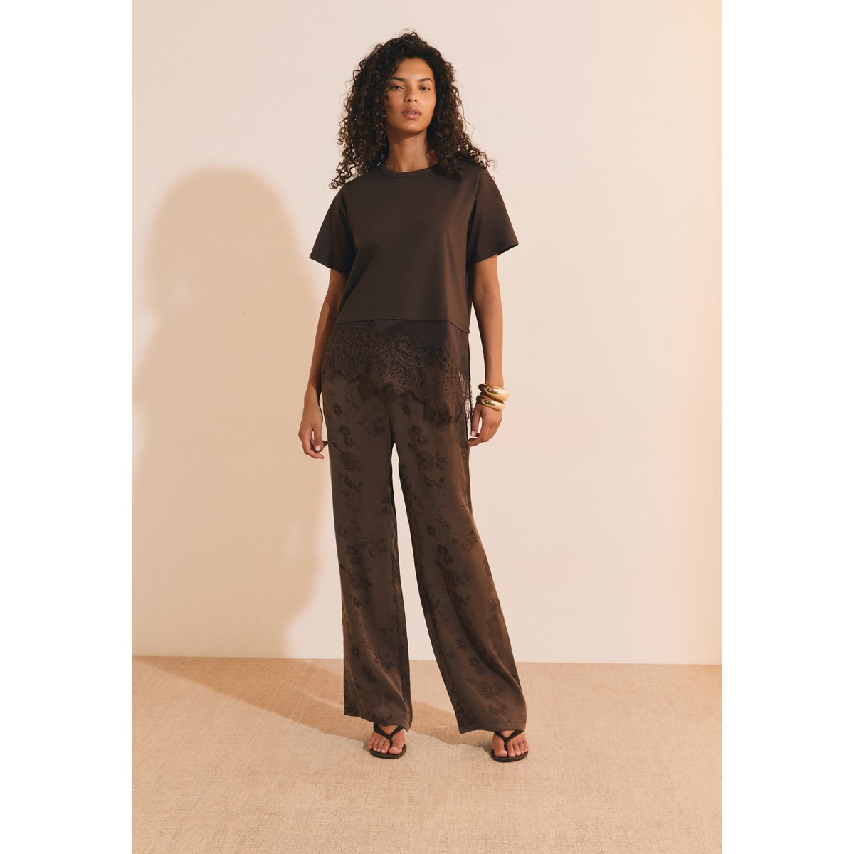 Pantalon fluide à motifs avec taille élastiquée HINI chocolat, ETAM
