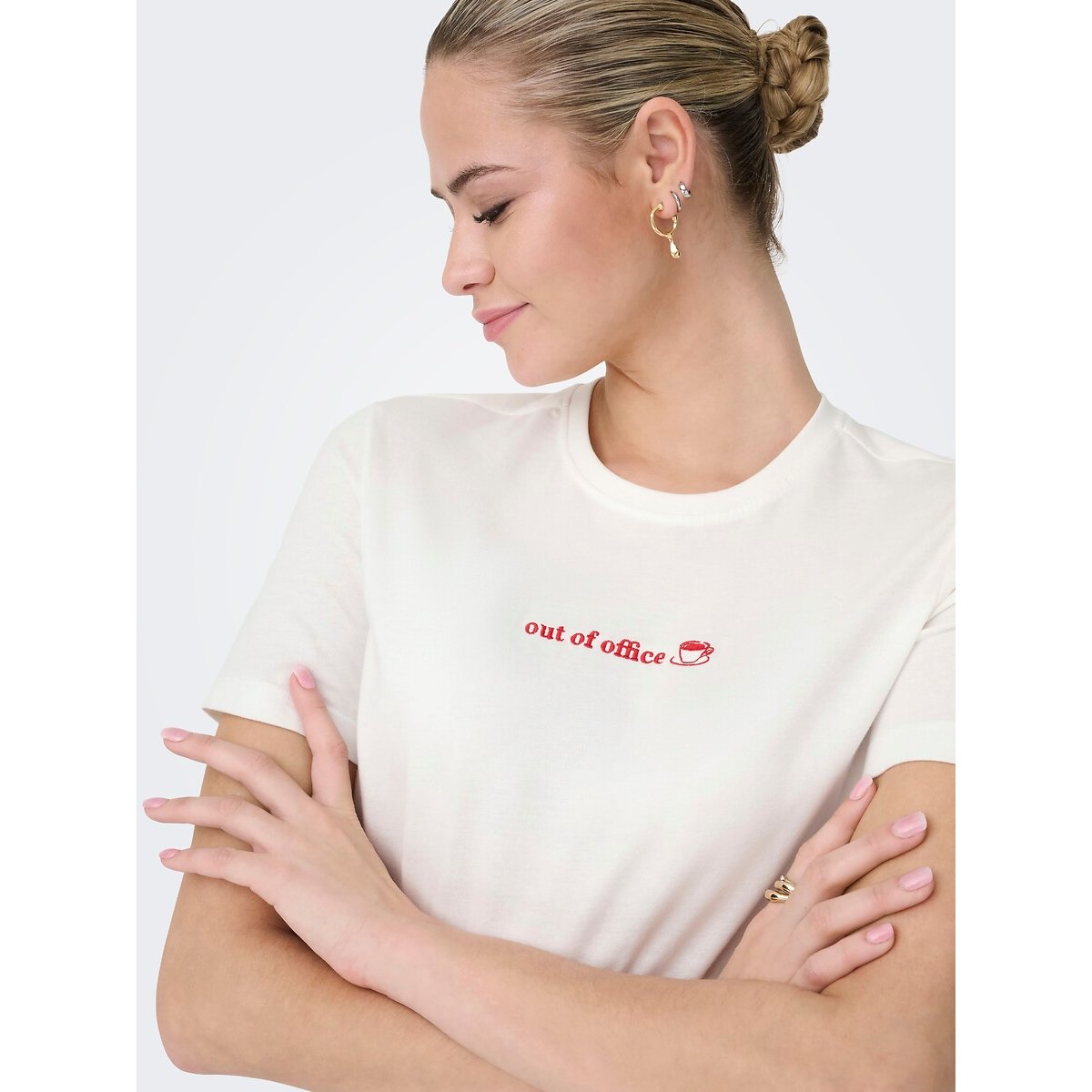T-shirt inscription poitrine, manches courtes blanc/rouge, ONLY