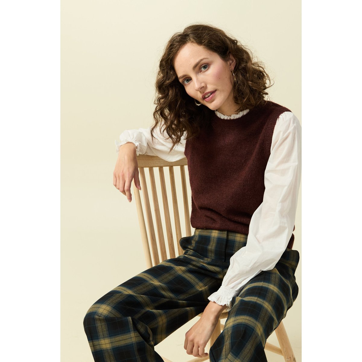 Pull 2 en 1 col rond manches longues marron, BONOBO