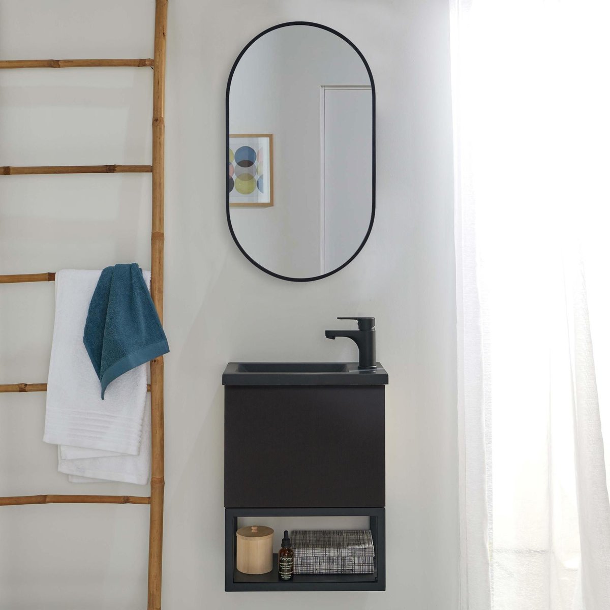 Ensemble lave-mains métal et bois avec miroir ovale NOVA noir, MOB IN