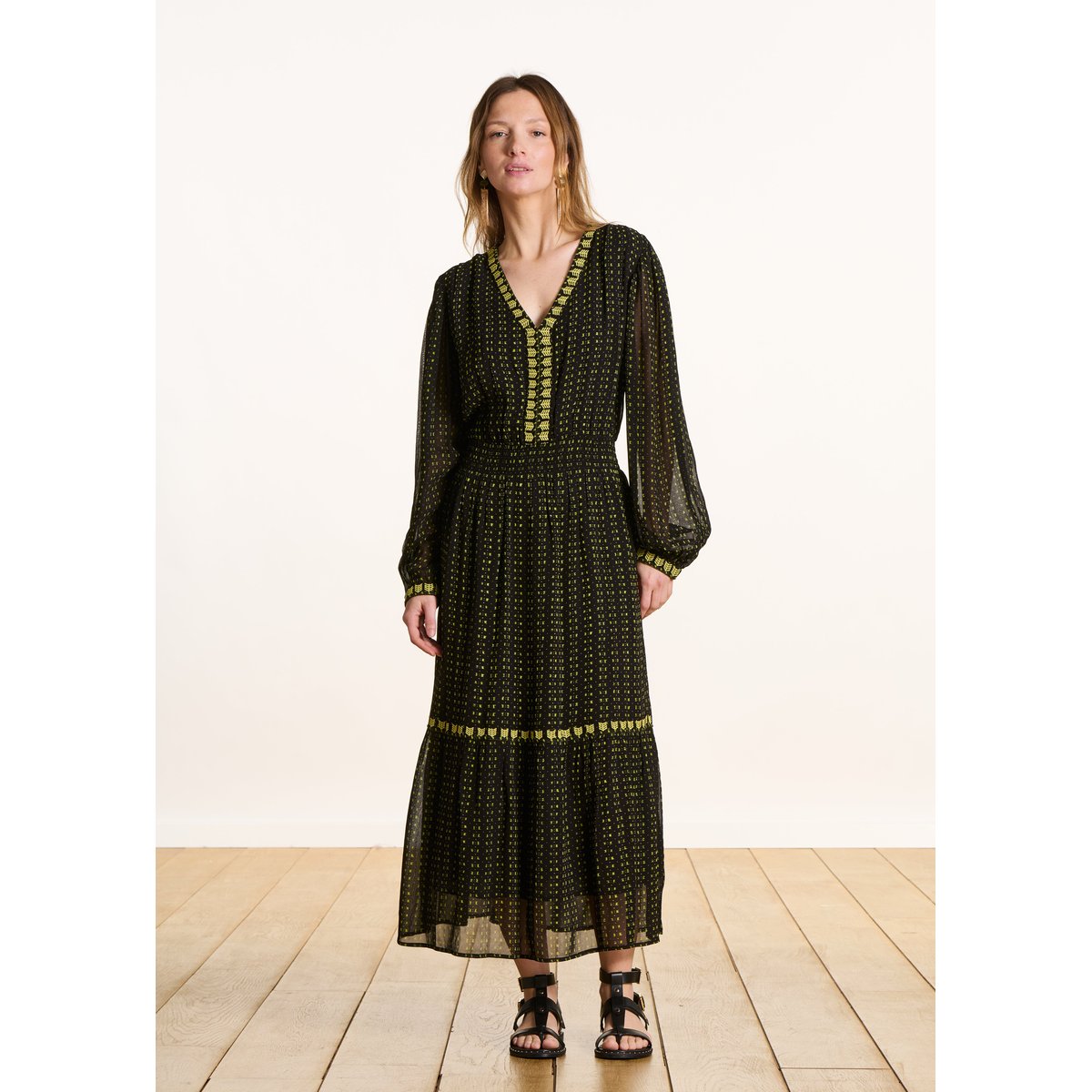 Robe longue cintrée imprimée à manches longues biriba, LA FEE MARABOUTEE