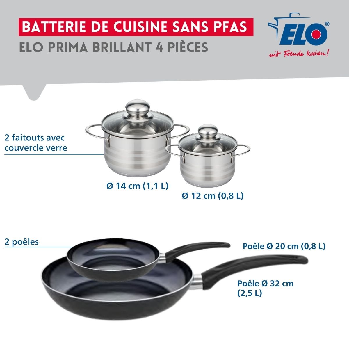 Batterie 2 poêles 20/32cm + 2 faitouts 12/14cm PRIMA BRILLANT noir, ELO