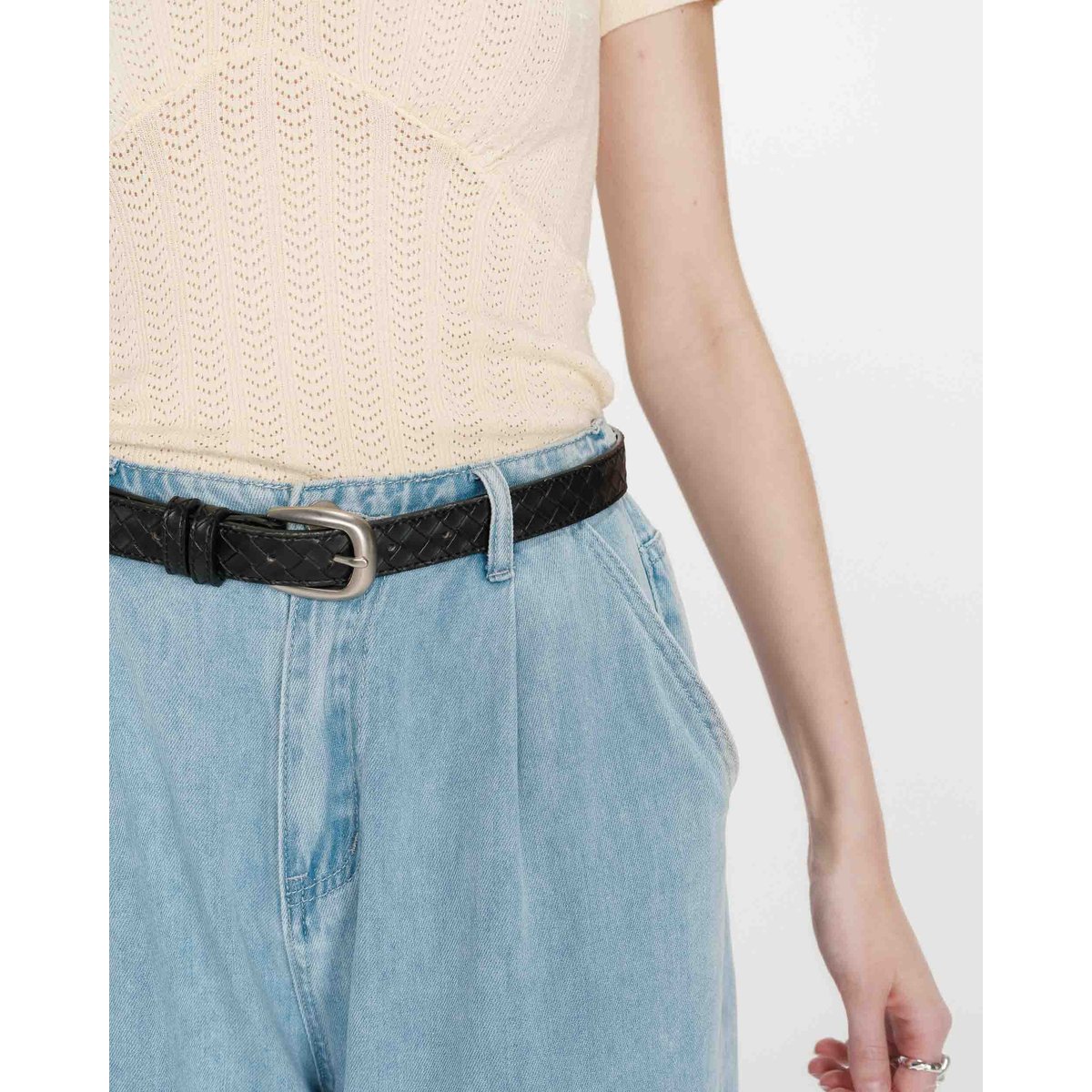 Ceinture en cuir tressée boucle argentée noir Villette noir, GRACE & MILA