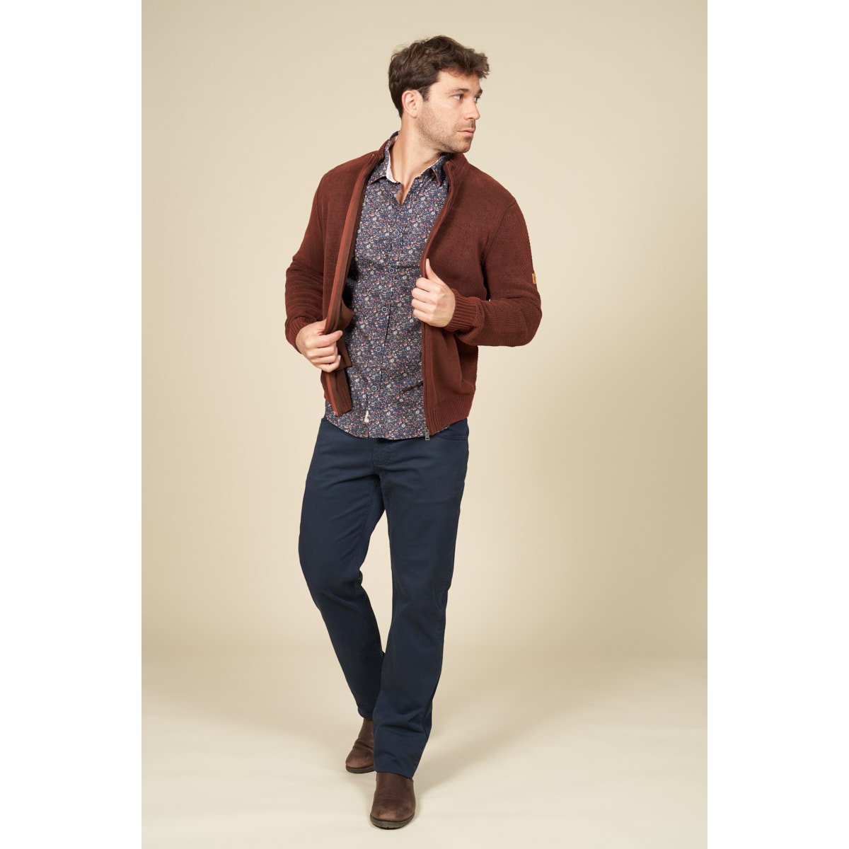 Gilet zippé chenille empiècements tissés cognac, MCS