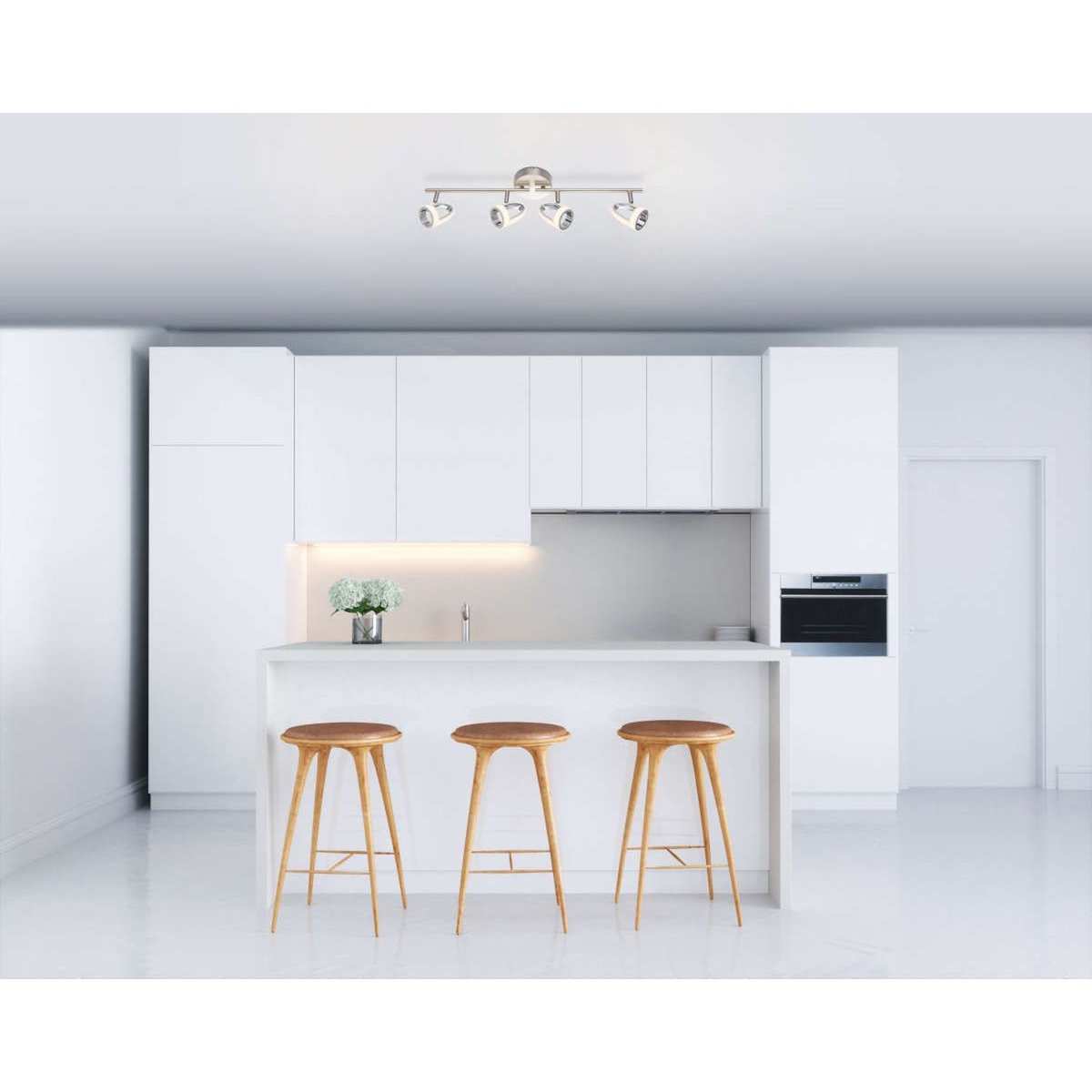 Plafonnier rampe 4 spots LED design moderne RODRIK argent, GLOBO LIGHTING