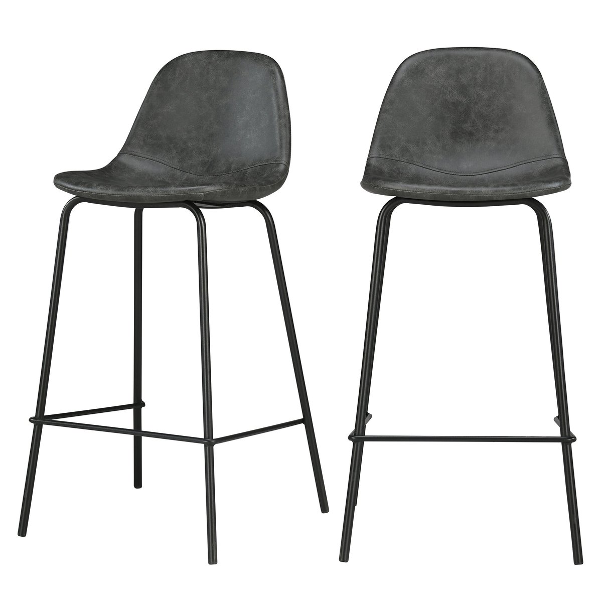Lot de 2 chaises pour îlot central 65 cm en cuir synthétique - HENRIK gris / noir, pieds noirs, MAISON PAVANE