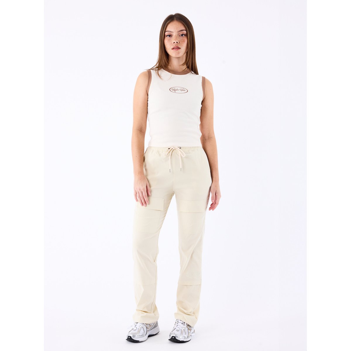 Pantalon ceinture bande élastiquée logotée crème camel, PROJECT X