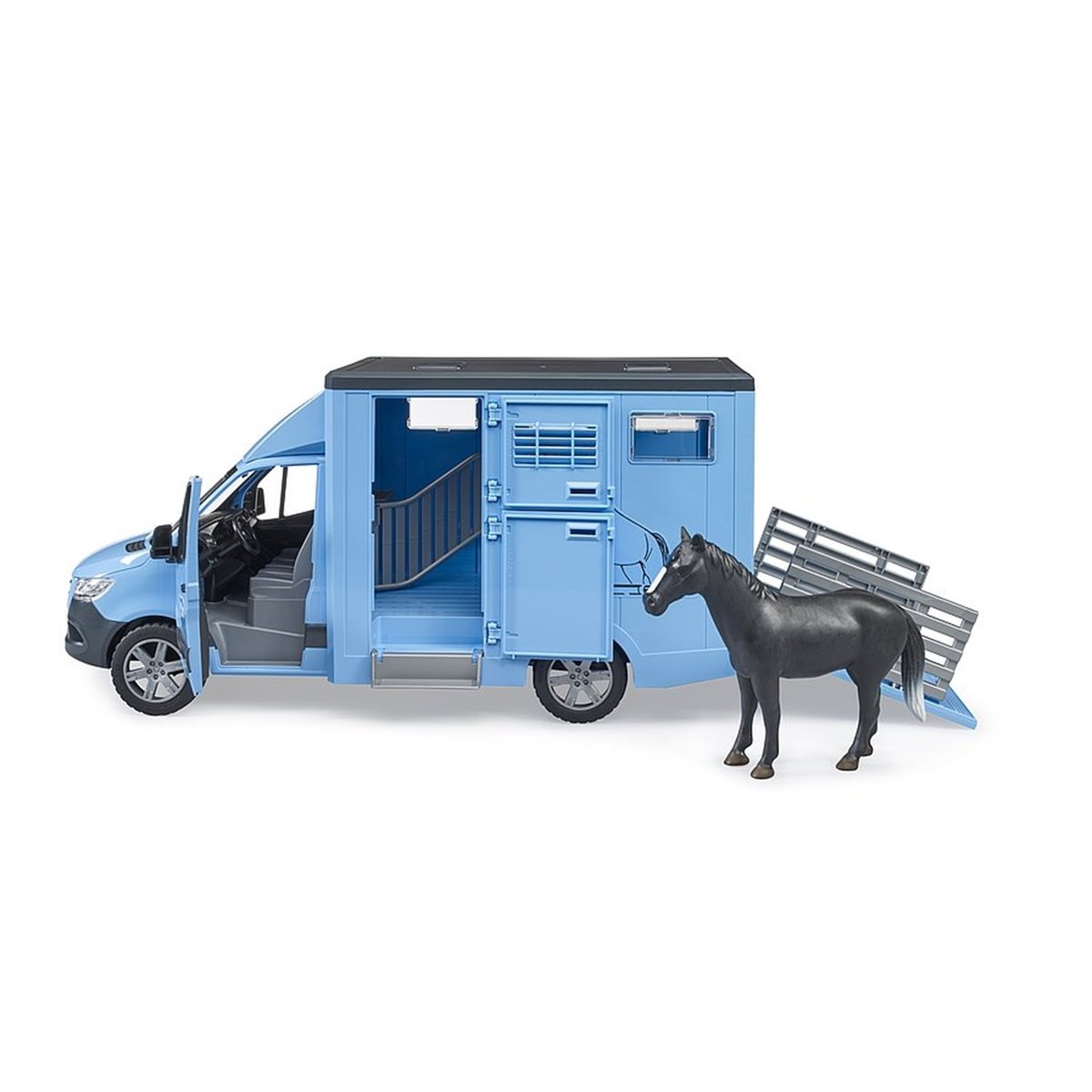Camion Bétaillère Mercedes Benz Sprinter avec un cheval bleu, BRUDER