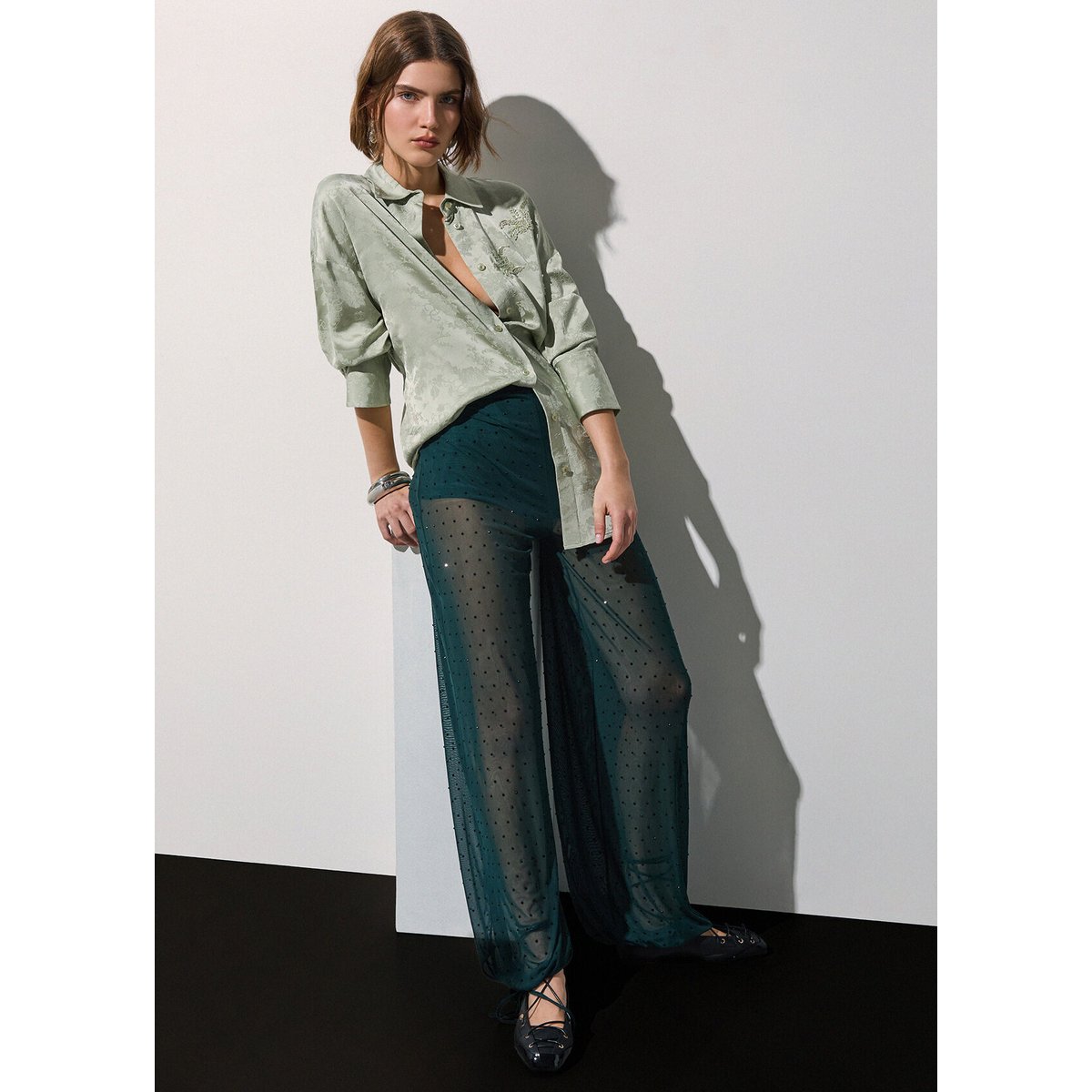 Pantalon en tulle avec broderies bijoux vert foncé, LIU JO