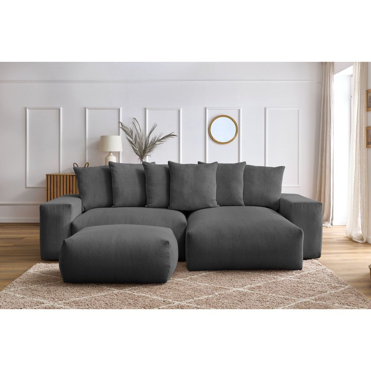 Canapé d'angle convertible 5 places en velours côtelé avec pouf, VOLTAIRE gris foncé, BOBOCHIC