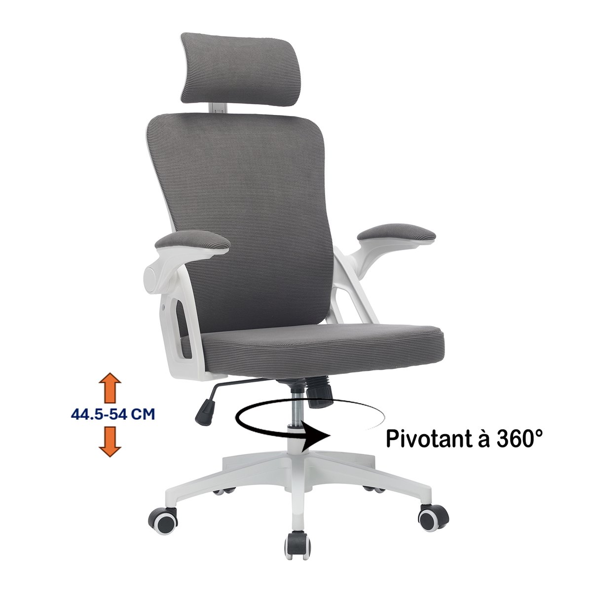 Chaise de bureau ergonomique pivotante réglable en hauteur, DARVEN gris, MEUBLES COSY