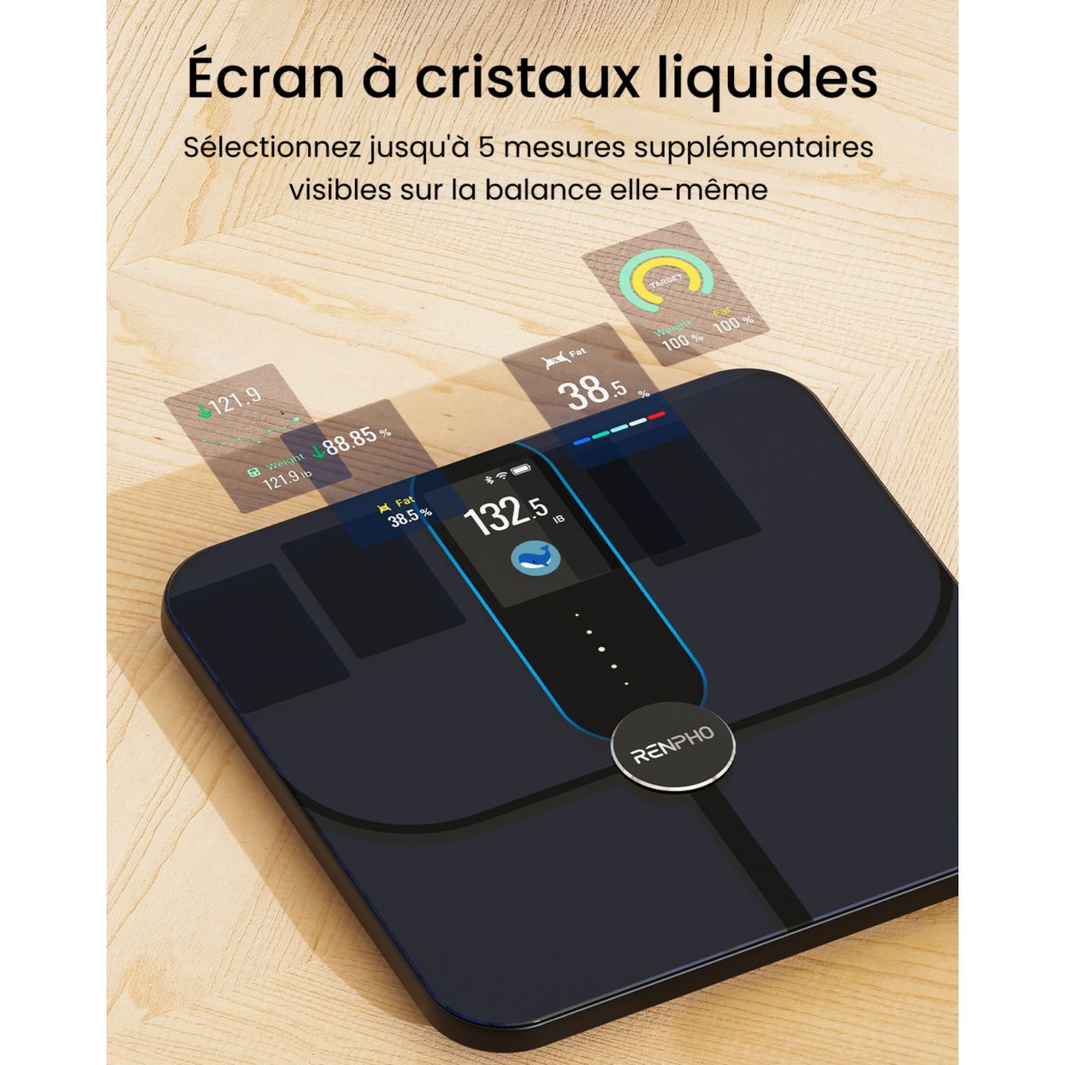Pèse personne connecté Elis Nova A031- Impédancemètre Haute Précision Bluetooth, 13 Données corporelles - Rechargeable couleur unique, RENPHO