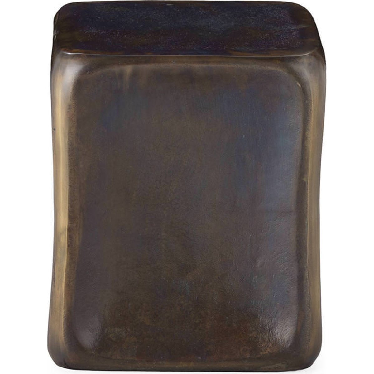 Tabouret cube en métal et laiton vieilli bleu cobalt antique et laiton vieilli, RECOLLECTION