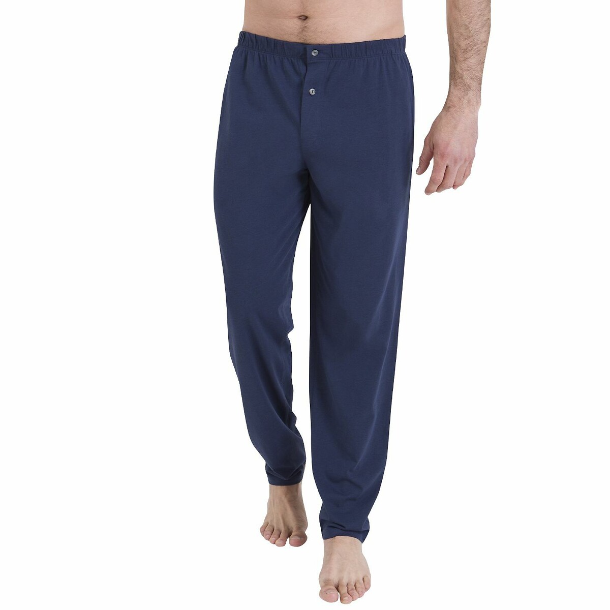 Pyjama long en coton, col chemise bleu + bleu marine, ATHENA