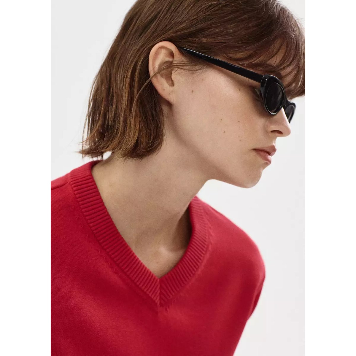 Pull-over maille col en V rouge, MANGO