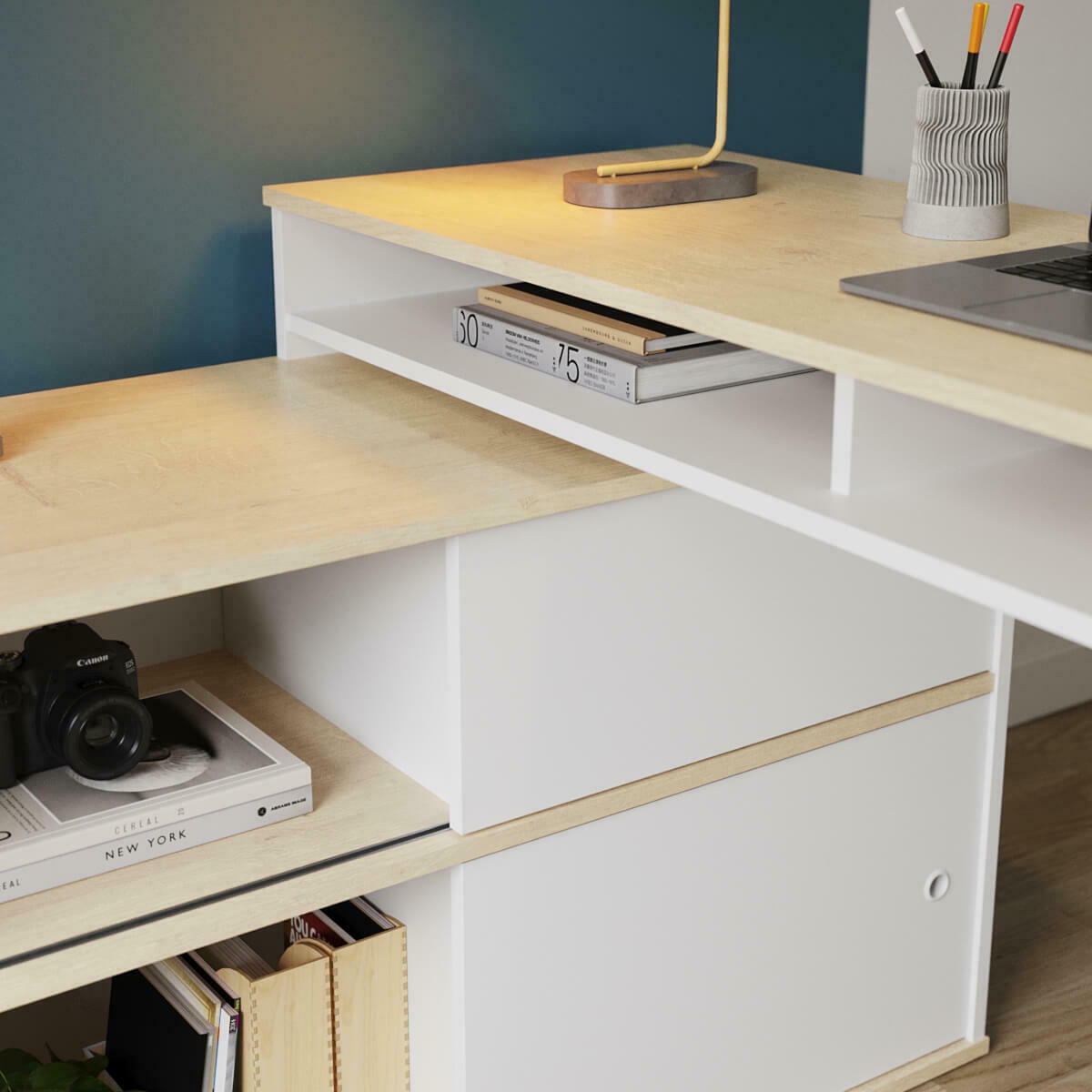Bureau modulable avec rangement MOON blanc et bois, AKITEN RETAIL