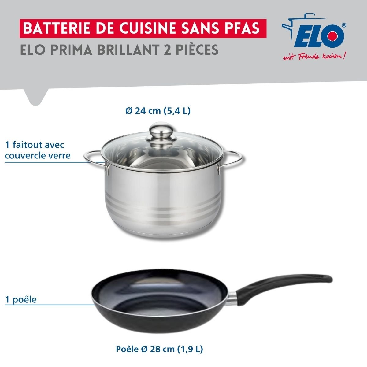 Batterie de cuisine 1 poêle 28cm + 1 faitout 24cm PRIMA BRILLANT noir, ELO