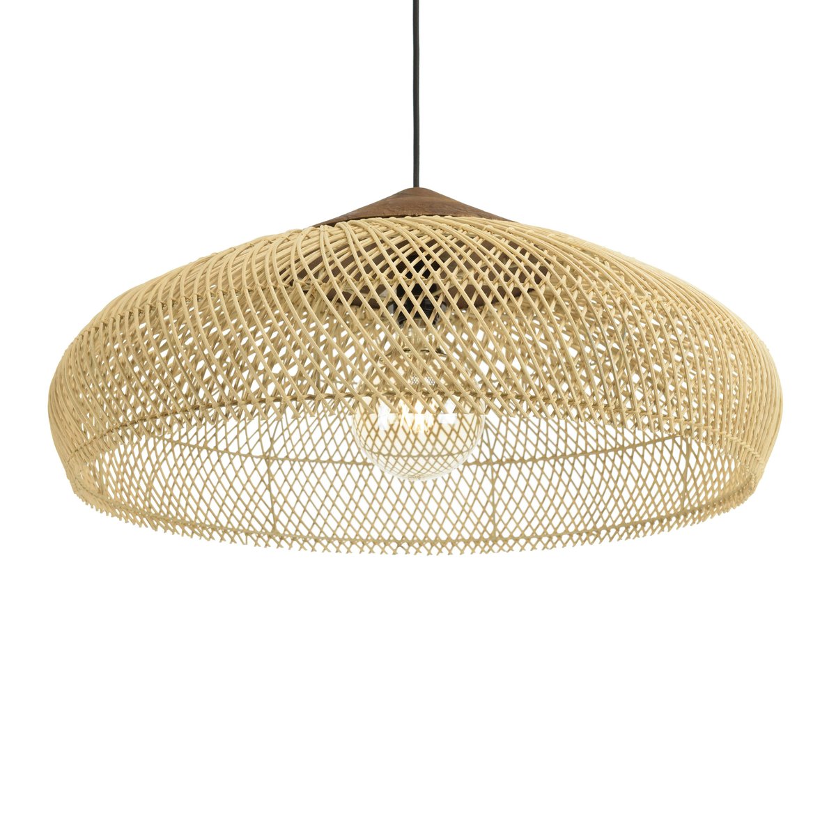 Suspension ronde 65cm en rotin et teck FOLELLI ecru, PIER IMPORT