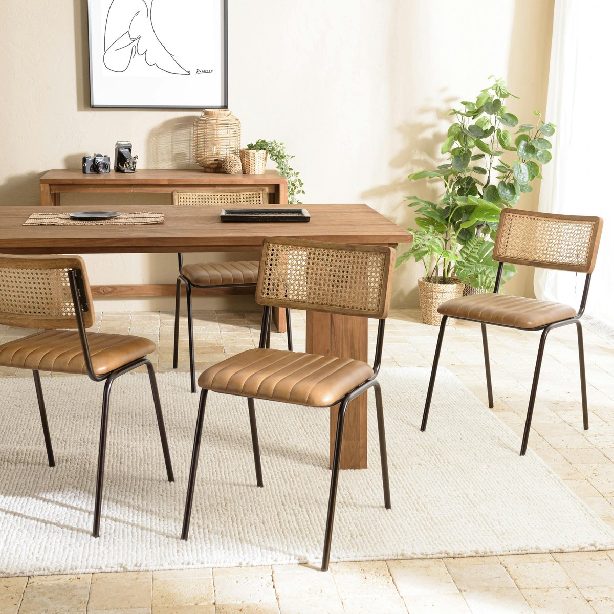 Chaise assise cuir havane dossier rotin (lot de 2) TIM marron, PIER IMPORT