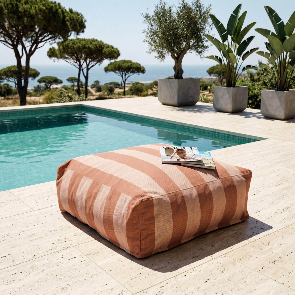 Pouf rayé pour salon de jardin modulable, MIXI terracotta, OVIALA