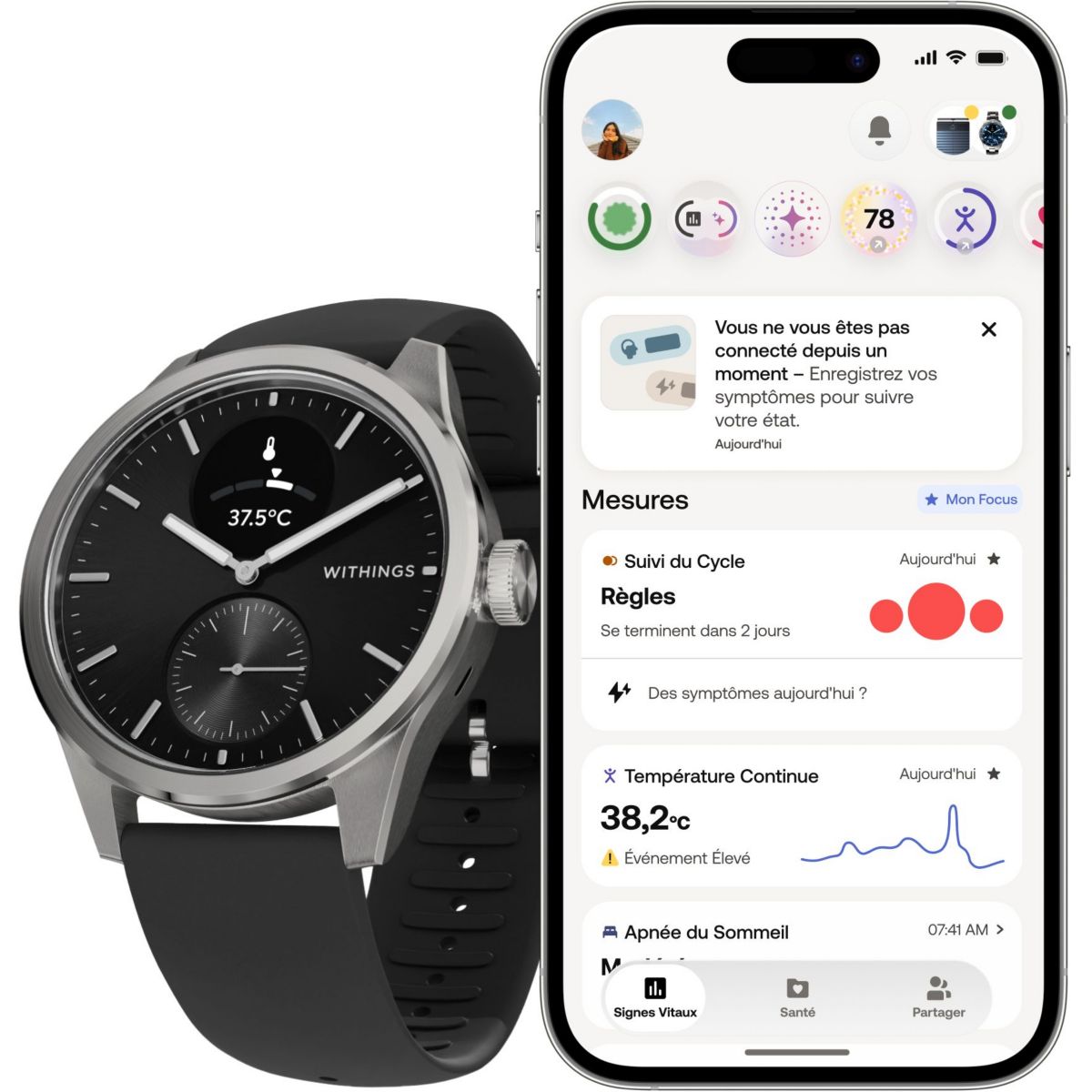 Montre santé Scanwatch 2 42mm Noire + bracelet Cuir offert couleur unique, WITHINGS