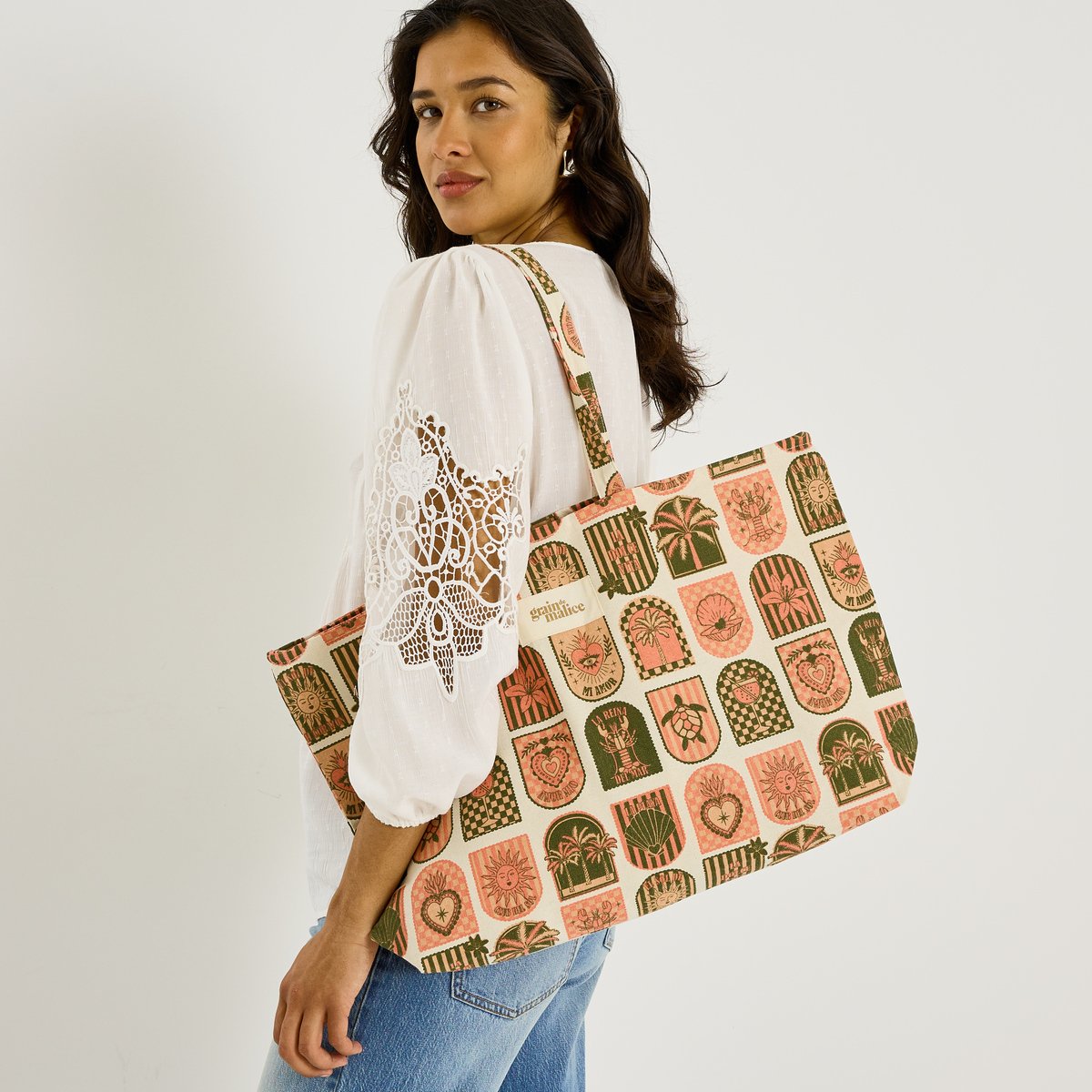 Tote bag imprimé graphique rose, GRAIN DE MALICE