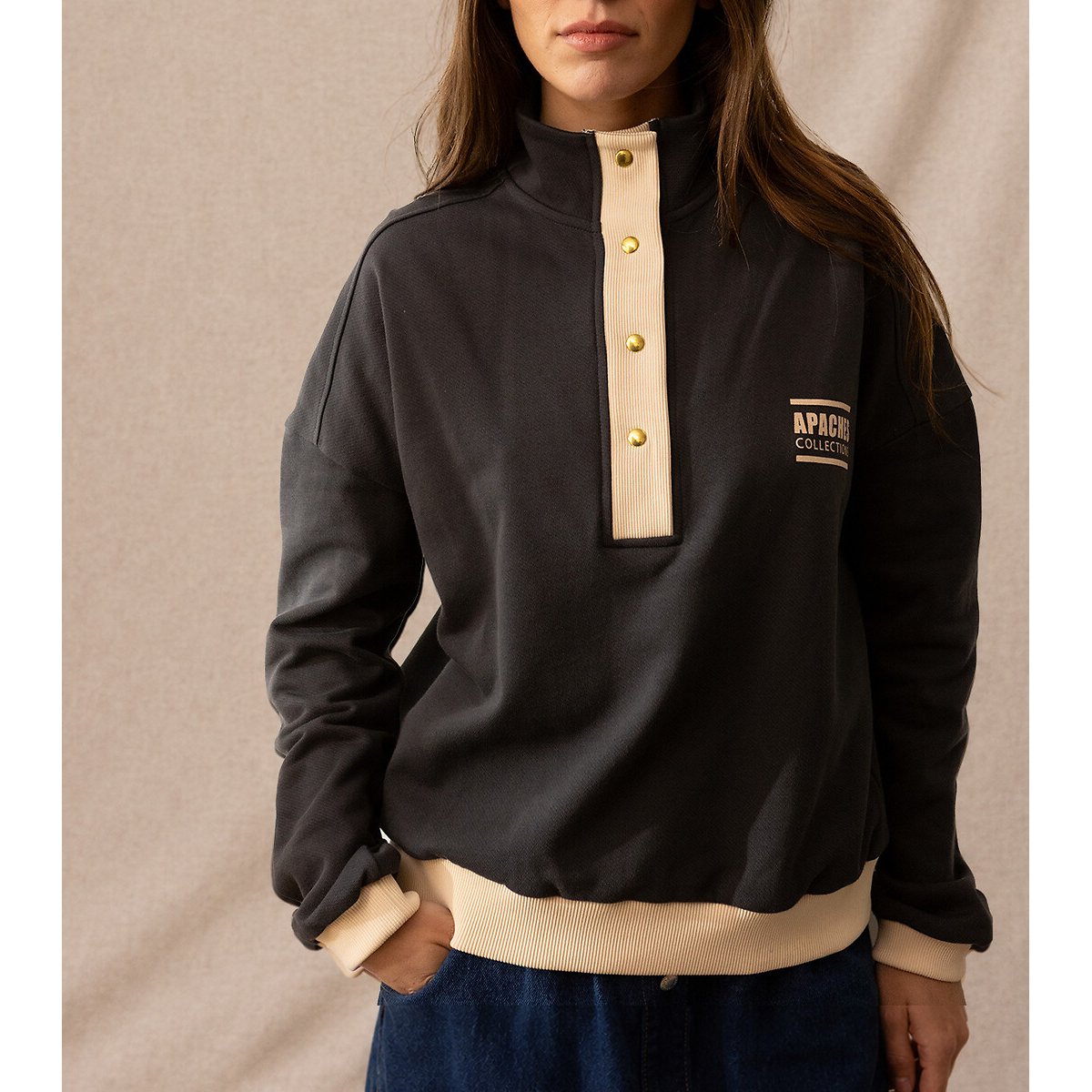 Sweat com gola subida com fecho, LUZY cinzento escuro, APACHES COLLECTIONS