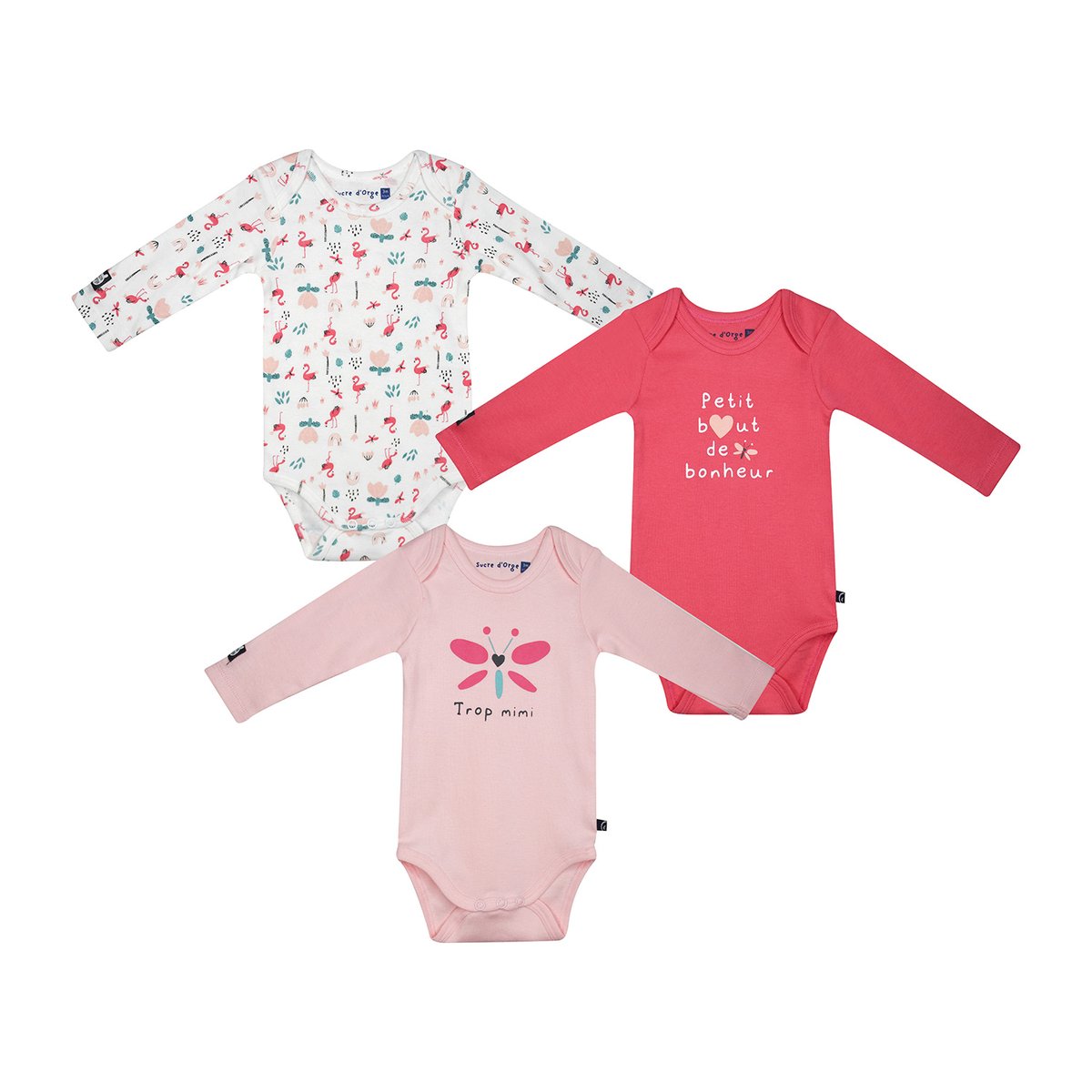 Lot de 3 bodies galatee manches longues bebe rose, SUCRE D'ORGE